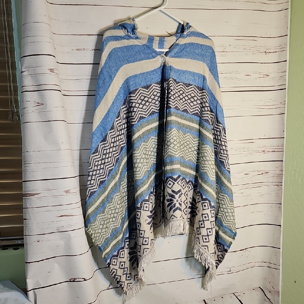Hooded Poncho Cape Blue White Geometric Print Fringe Southwestern Boho Cover Up‎